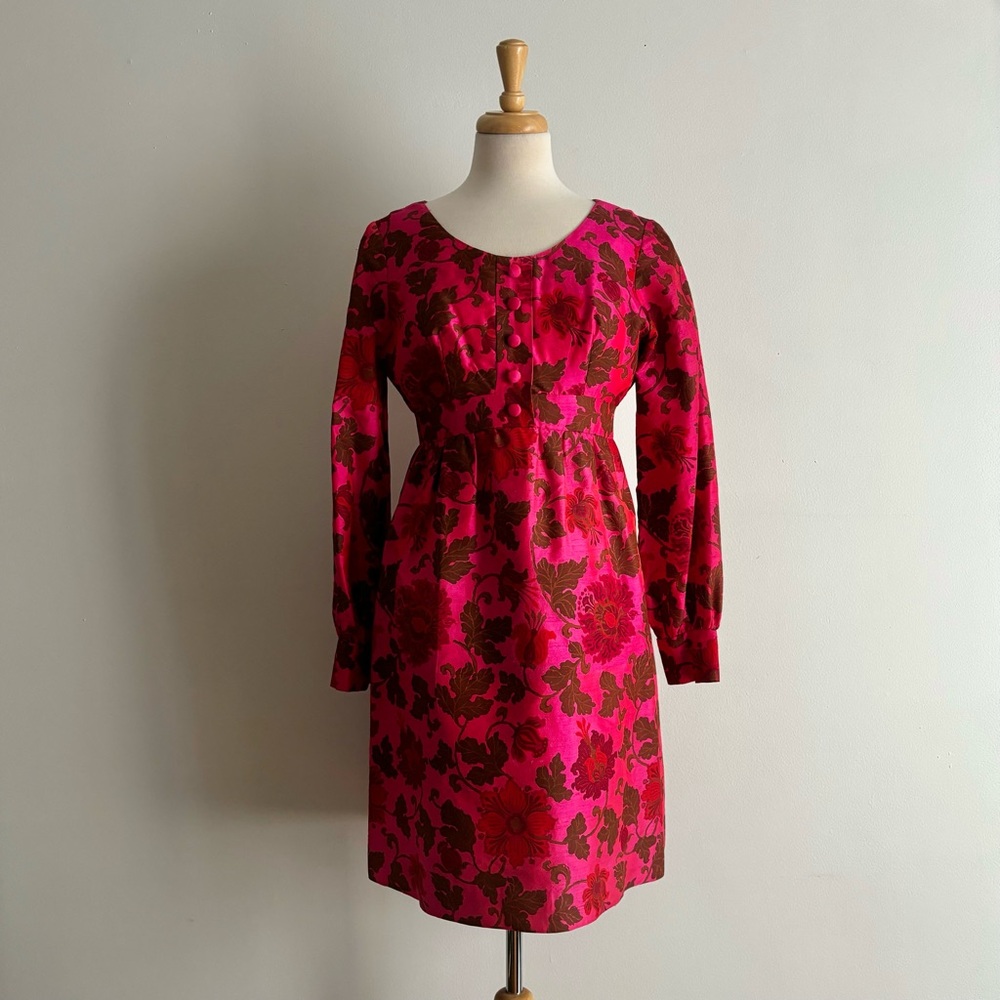 Vintage 1960s Shantung Silk Dark Pink Floral Empire Waist Party Holiday Dress S